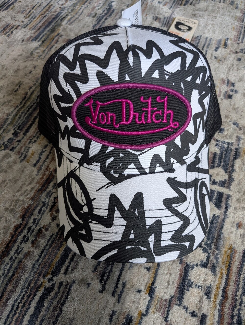Von Dutch White & Black Trucker Hat with Pink Logo Patch